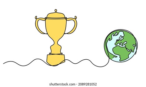 Abstract color cup and globe as continuous lines drawing on white as background. Vector