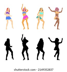 Colores abstractos niñas disco y mujeres bailarinas siluetas negras para volantes, tarjetas, afiches diseño ilustración vectorial