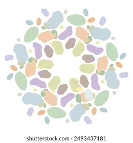 Abstract Color dots frame, border, circle made of Uneven blobs, drops, spots, specks, flecks, splashes. Lilac, violet, floral, lavender colors. Round Shapes background with space for text, lettering.