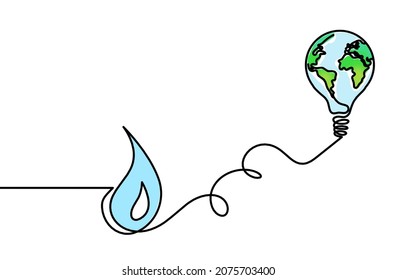 Abstract color drop with globe and lightbulb as line drawing on white background. Vector