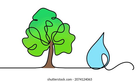 Abstract color drop with tree as line drawing on white background. Vector