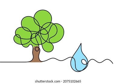 Abstract color drop with tree as line drawing on white background. Vector
