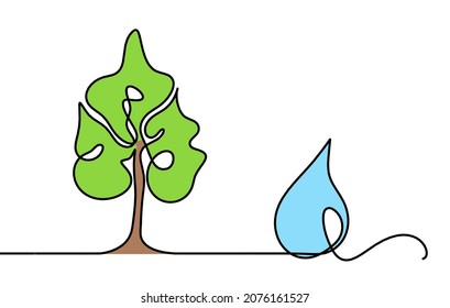 Abstract color drop with tree as line drawing on white background. Vector