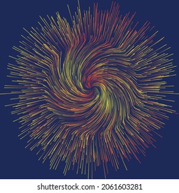 Abstract color dynamic circle background. Glowing burst particles on dark background.