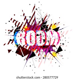 Abstract color explosion on white background with the word boom and polygonal objects. Vector illustrations