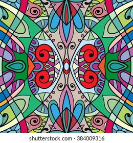 Abstract color fantasy graphic background, seamless floral geometric pattern. Hand drawn fabric texture. Tribal ethnic arabic, indian, ottoman ornament, doodle vector illustration. 