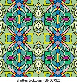 Abstract color fantasy graphic background, seamless floral geometric pattern. Hand drawn fabric texture. Tribal ethnic arabic, indian, ottoman ornament, doodle vector illustration. 