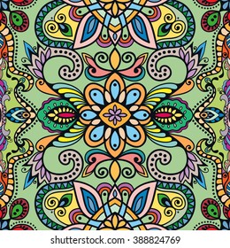 Abstract color fantasy graphic background, seamless floral geometric pattern. Hand drawn fabric texture. Tribal ethnic arabic, indian, ottoman ornament, doodle vector illustration. 