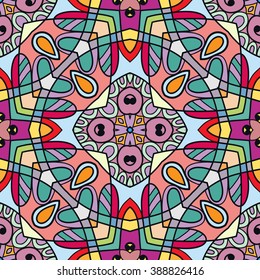 Abstract color fantasy graphic background, seamless floral geometric pattern. Hand drawn fabric texture. Tribal ethnic arabic, indian, ottoman ornament, doodle vector illustration. 