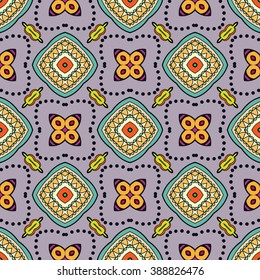 Abstract color fantasy graphic background, seamless floral geometric pattern. Hand drawn fabric texture. Tribal ethnic arabic, indian, ottoman ornament, doodle vector illustration. 