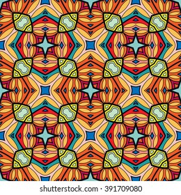 Abstract color fantasy graphic background, seamless floral geometric pattern. Hand drawn fabric texture. Tribal ethnic arabic, indian, ottoman ornament, doodle vector illustration. 