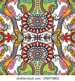 Abstract color fantasy graphic background, seamless floral geometric pattern. Hand drawn fabric texture. Tribal ethnic arabic, indian, ottoman ornament, doodle vector illustration. 
