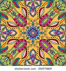 Abstract color fantasy graphic background, seamless floral geometric pattern. Hand drawn fabric texture. Tribal ethnic arabic, indian, ottoman ornament, doodle vector illustration. 