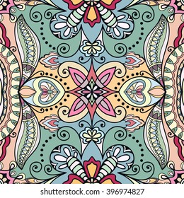 Abstract color fantasy graphic background, seamless floral geometric pattern. Hand drawn fabric texture. Tribal ethnic arabic, indian, ottoman ornament, doodle vector illustration. 