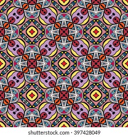 Abstract color fantasy graphic background, seamless floral geometric pattern. Hand drawn fabric texture. Tribal ethnic arabic, indian, ottoman ornament, doodle vector illustration. 