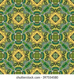 Abstract color fantasy graphic background, seamless floral geometric pattern. Hand drawn fabric texture. Tribal ethnic arabic, indian, ottoman ornament, doodle vector illustration. 
