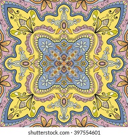 Abstract color fantasy graphic background, seamless floral geometric pattern. Hand drawn fabric texture. Tribal ethnic arabic, indian, ottoman ornament, doodle vector illustration. 