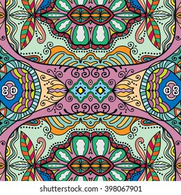 Abstract color fantasy graphic background, seamless floral geometric pattern. Hand drawn fabric texture. Tribal ethnic arabic, indian, ottoman ornament, doodle vector illustration. 