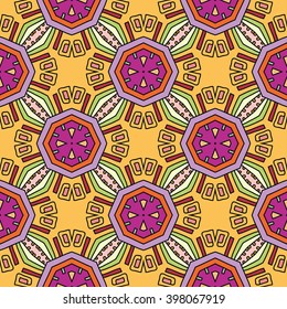 Abstract color fantasy graphic background, seamless floral geometric pattern. Hand drawn fabric texture. Tribal ethnic arabic, indian, ottoman ornament, doodle vector illustration. 