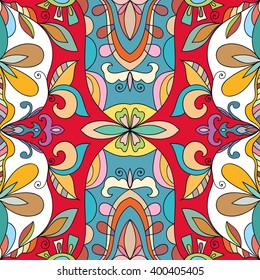 Abstract color fantasy graphic background, seamless floral geometric pattern. Hand drawn fabric texture. Tribal ethnic arabic, indian, ottoman ornament, doodle vector illustration. 