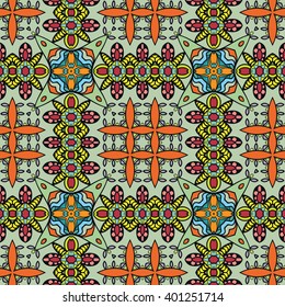 Abstract color fantasy graphic background, seamless floral geometric pattern. Hand drawn fabric texture. Tribal ethnic arabic, indian, ottoman ornament, doodle vector illustration. 
