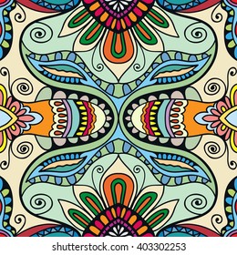 Abstract color fantasy graphic background, seamless floral geometric pattern. Hand drawn fabric texture. Tribal ethnic arabic, indian, ottoman ornament, doodle vector illustration. 