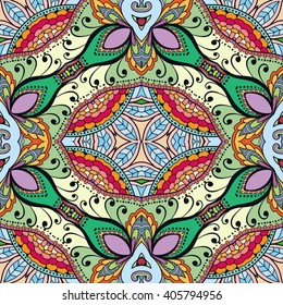 Abstract color fantasy graphic background, seamless floral geometric pattern. Hand drawn fabric texture. Tribal ethnic arabic, indian, ottoman ornament, doodle vector illustration. 