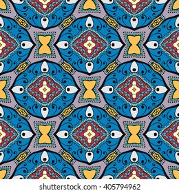 Abstract color fantasy graphic background, seamless floral geometric pattern. Hand drawn fabric texture. Tribal ethnic arabic, indian, ottoman ornament, doodle vector illustration. 