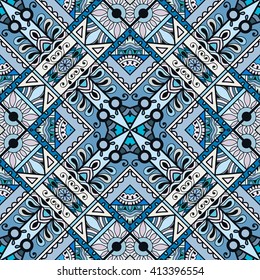 Abstract color fantasy graphic background, seamless floral geometric pattern. Hand drawn fabric texture. Tribal ethnic arabic, indian, ottoman ornament, doodle vector illustration. 
