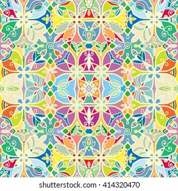 Abstract color fantasy graphic background, seamless floral geometric pattern. Hand drawn fabric texture. Tribal ethnic arabic, indian, ottoman ornament, doodle vector illustration. 