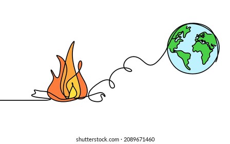 Abstract color fire with globe as line drawing on white background. Vector