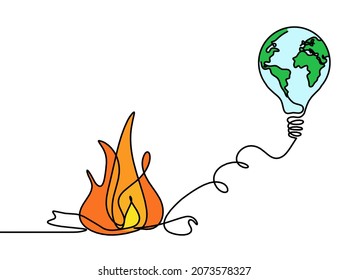 Abstract color fire with lightbulb and globe as line drawing on white background. Vector