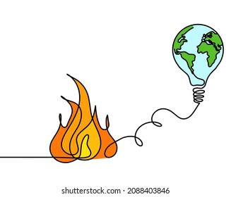 Abstract color fire with lightbulb and globe as line drawing on white background. Vector
