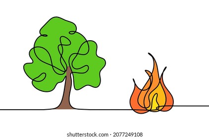 Resumen del fuego de color con el árbol como dibujo de línea sobre fondo blanco. Vector