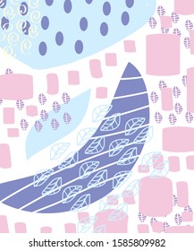 Abstract color fun cartoon texture template for Doodle modern background.Silhouettes of plants. Graphic design. Hand drawn texture. 