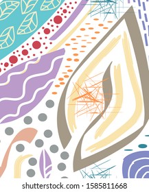 Abstract color fun cartoon texture template for Doodle modern background.Silhouettes of plants. Graphic design. Hand drawn texture. 