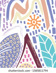 Abstract color fun cartoon texture template for Doodle modern background.Silhouettes of plants. Graphic design. Hand drawn texture. 