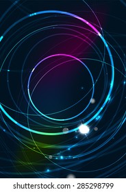Color abstracto de las líneas brillantes en el espacio oscuro con estrellas y efectos luminosos. Fondo de círculo futurista con espacio de copia para tu mensaje