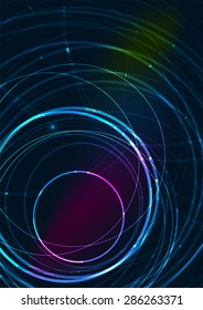 Abstract color glowing lines in dark space with stars and light effects. Futuristic circle background with copyspace for your message