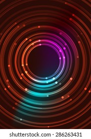 Abstract color glowing lines in dark space with stars and light effects. Futuristic circle background with copyspace for your message