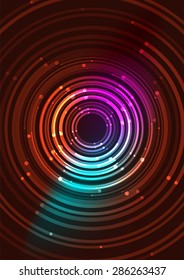 Linhas brilhantes de cor abstrata no espaço escuro com estrelas e efeitos de luz. Fundo de círculo futurista com copyspace para a sua mensagem