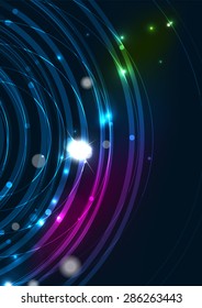 Abstract color glowing lines in dark space with stars and light effects. Futuristic circle background with copyspace for your message