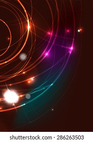 Abstract color glowing lines in dark space with stars and light effects. Futuristic circle background with copyspace for your message
