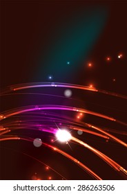 Abstract color glowing lines in dark space with stars and light effects. Futuristic wave background with copyspace for your message