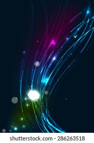 Color abstracto de las líneas brillantes en el espacio oscuro con estrellas y efectos luminosos. Fondo de onda futurista con espacio de copia para tu mensaje