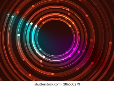 Abstract color glowing lines in dark space with stars and light effects. Futuristic circle background with copyspace for your message
