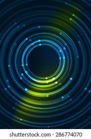 Abstract color glowing lines in dark space with stars and light effects. Futuristic circle background with copyspace for your message