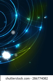 Color abstracto de las líneas brillantes en el espacio oscuro con estrellas y efectos luminosos. Fondo de círculo futurista con espacio de copia para tu mensaje