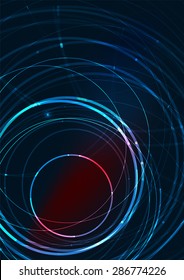 Abstract color glowing lines in dark space with stars and light effects. Futuristic circle background with copyspace for your message