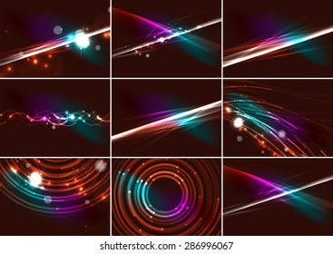 Color abstracto de las líneas brillantes en el espacio oscuro con estrellas y efectos luminosos. Conjunto de fondo futurista con espacio de copia para tu mensaje